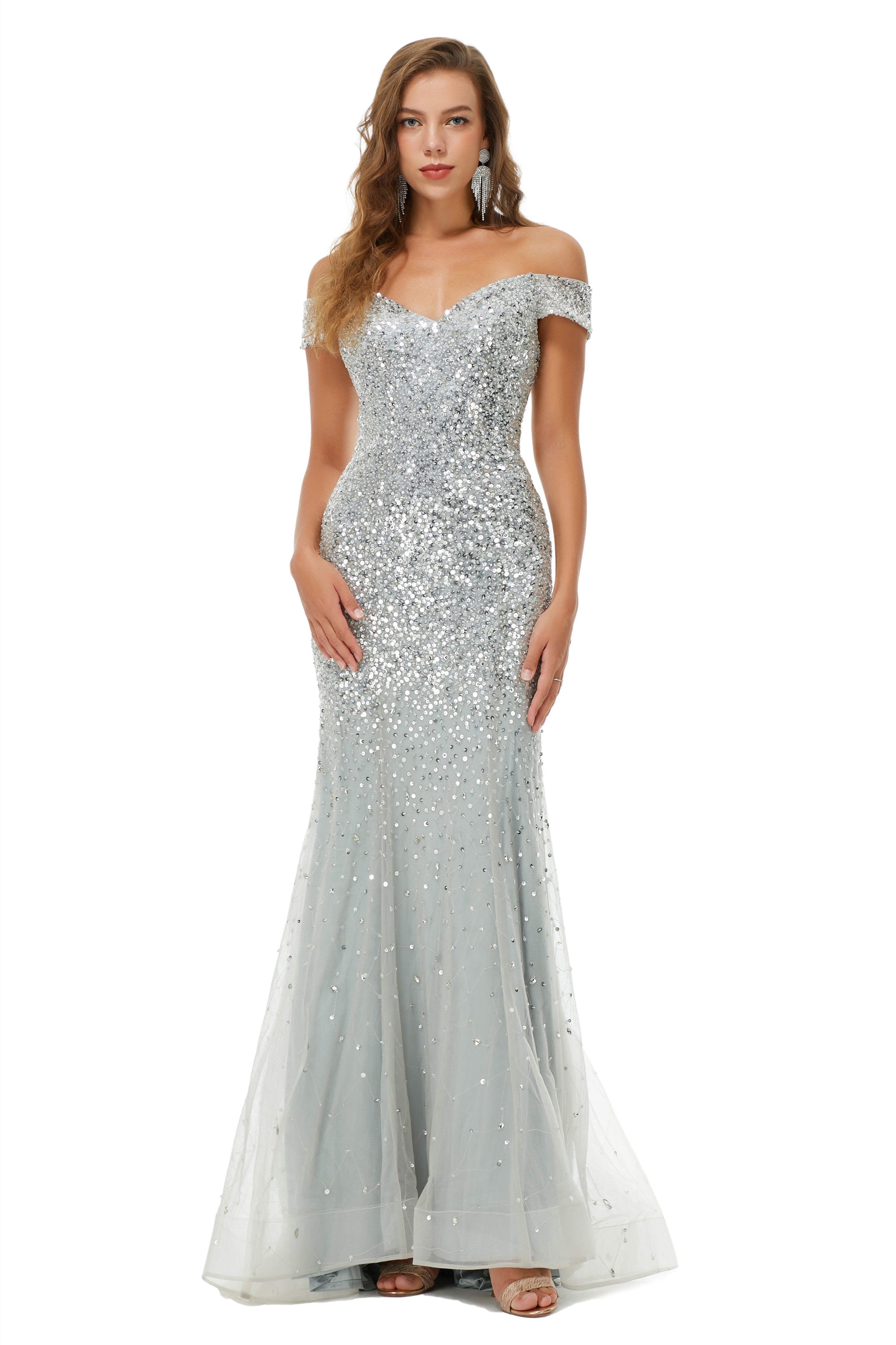 Evening Dresses Black, Sparkle Silver Mermaid Beaded Cap Sleeves Off-The-Shoulder Prom Dresses