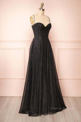 Formal Dress For Party Wear, Sparkly Black Lace-Up A-line Sweetheart Long Prom Dress