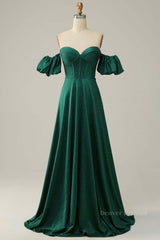 Evening Dress Simple, Sparkly Hunter Green Off-the-Shoulder Puff Sleeves A-line Long Prom Dress