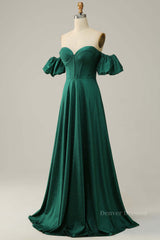Evening Dresses Princess, Sparkly Hunter Green Off-the-Shoulder Puff Sleeves A-line Long Prom Dress