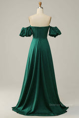 Evening Dresses Classy, Sparkly Hunter Green Off-the-Shoulder Puff Sleeves A-line Long Prom Dress