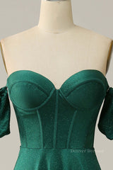 Evening Dresses 2051, Sparkly Hunter Green Off-the-Shoulder Puff Sleeves A-line Long Prom Dress