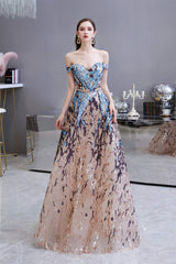 Evening Dresses For Sale, Sparkly Off-the-Shoulder Sequins A line Prom Dresses Floor Length