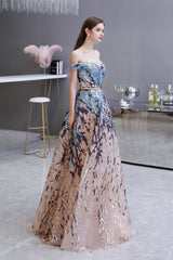 Evening Dress Stores, Sparkly Off-the-Shoulder Sequins A line Prom Dresses Floor Length