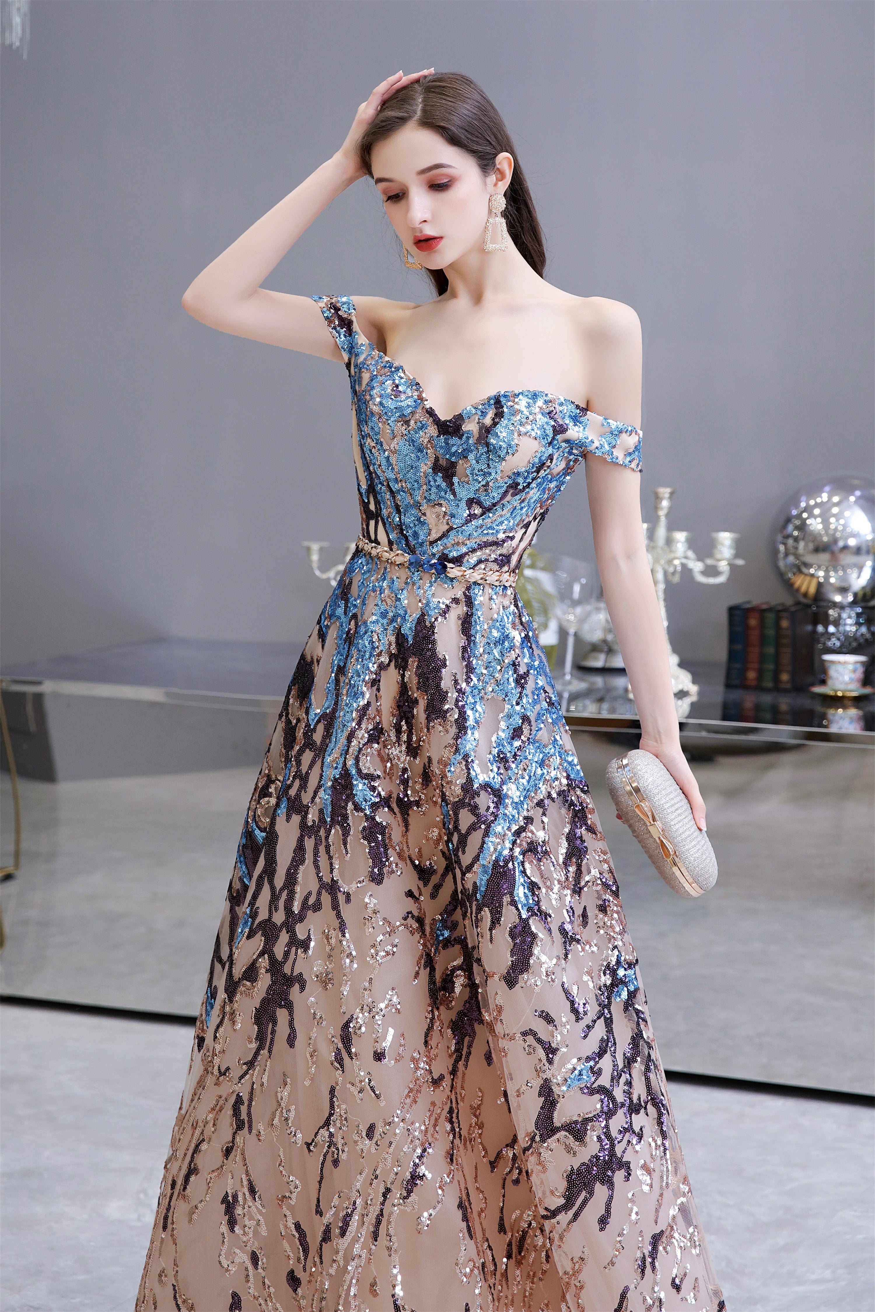 Evening Dresses Stores, Sparkly Off-the-Shoulder Sequins A line Prom Dresses Floor Length