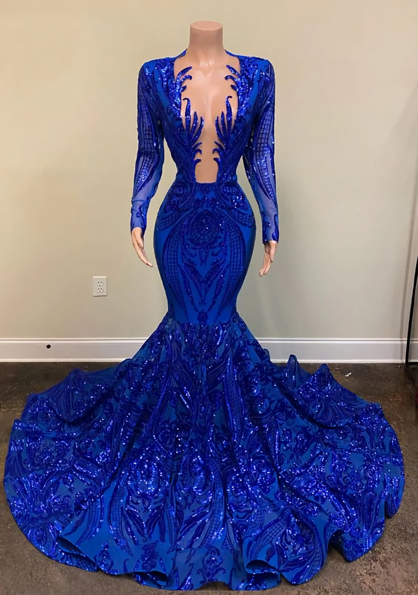 Black Tie Dress, Sparkly Royal Blue Sequin Prom Dresses Mermaid Long Gala Dress for Black Girl