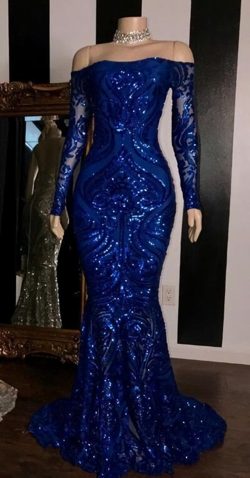Prom Dress A Line Prom Dress, Sparkly Sequined Mermaid African Prom Dresses Royal Blue Long Sleeve Graduation Formal Dress Plus Size Evening Gowns