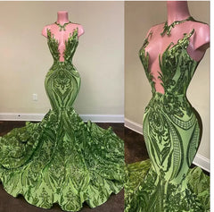 Homecoming Dresses Shop, Sparkly Sequins Olive Green Mermaid African Prom Dresses Black Girls Neck Long Graduation Dress
