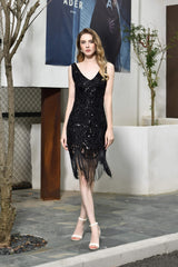 Formal Dress Gowns, Sparkly Sequins Slim Prom Dresses Black V-Neck Sleeveless Prom Dresses