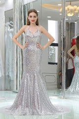 Formal Dresses Ballgown, Sparkly Silver Sequined Mermaid Halter Backless Prom Dresses