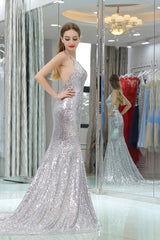 Formal Dress Party Wear, Sparkly Silver Sequined Mermaid Halter Backless Prom Dresses