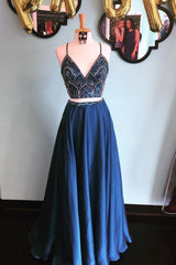 Night Dress, Sparkly Two Piece Sequins Beaded Long A-Line Prom Dress