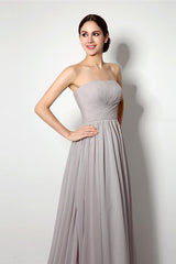 Prom Dress Two Pieces, Strapless A Line Chiffon Long Silver Bridesmaid Dresses