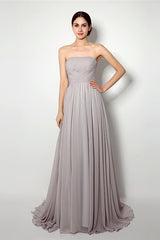 Prom Dressed Two Piece, Strapless A Line Chiffon Long Silver Bridesmaid Dresses
