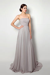 Prom, Strapless A Line Chiffon Long Silver Bridesmaid Dresses