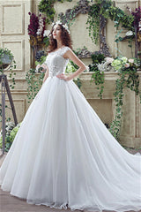 Wedding Dress Long Sleeve, Strapless Appliques Lace Train Wedding Dresses With Crystals