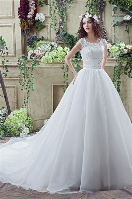 Wedding Dresses Ball Gown, Strapless Appliques Lace Train Wedding Dresses With Crystals