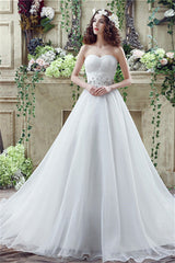 Wedding Dress Flowers, Strapless Beading Train Wedding Dresses With Crystals