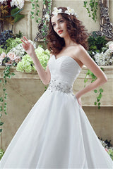 Wedding Dresses Flowers, Strapless Beading Train Wedding Dresses With Crystals