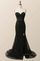 Bridesmaids Dresses Satin, Strapless Black Lace Mermaid Long Prom Dress