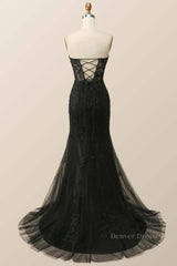 Bridesmaid Dress Satin, Strapless Black Lace Mermaid Long Prom Dress