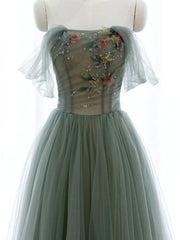 Formal Dress Summer, Strapless Green Tulle Floral Long Prom Dresses, Green Tulle Floral Formal Evening Dresses