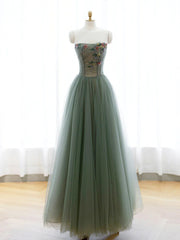 Formal Dresses Summer, Strapless Green Tulle Floral Long Prom Dresses, Green Tulle Floral Formal Evening Dresses