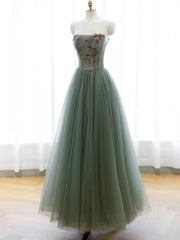 Formal Dresses For Woman, Strapless Green Tulle Floral Long Prom Dresses, Green Tulle Floral Formal Evening Dresses