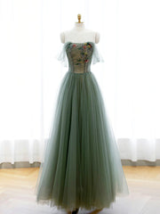 Formal Dresses With Sleeves, Strapless Green Tulle Floral Long Prom Dresses, Green Tulle Floral Formal Evening Dresses