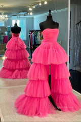 Bridesmaids Dress Peach, Strapless Hot Pink High Low Prom Dresses, Hot Pink High Low Formal Homecoming Dresses