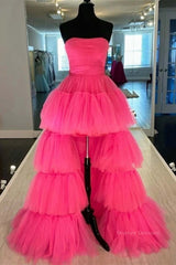 Bridesmaids Dresses Peach, Strapless Hot Pink High Low Prom Dresses, Hot Pink High Low Formal Homecoming Dresses