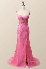 Bridesmaid Dresses Design, Strapless Hot Pink Lace Mermaid Long Prom Dress