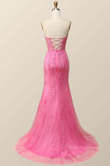Bridesmaid Dresses Designer, Strapless Hot Pink Lace Mermaid Long Prom Dress