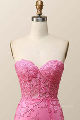 Bridesmaid Dress Designs, Strapless Hot Pink Lace Mermaid Long Prom Dress