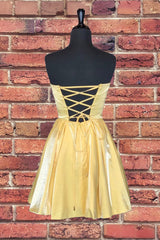 Bridesmaids Dresses Under 104, Strapless Lace-Up Yellow Satin Homecoming Dress,Short Cocktail Dresses
