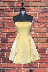 Bridesmaid Dress Under 104, Strapless Lace-Up Yellow Satin Homecoming Dress,Short Cocktail Dresses