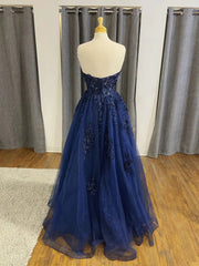 Formal Dresses Classy Elegant, Strapless Navy Blue Beaded Lace Prom Dresses, Navy Blue Lace Formal Evening Dresses