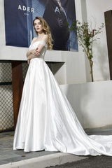 Wedding Dress With Sleeves, Strapless Off shoulder Appliques Sequins Satin Wedding Dresses