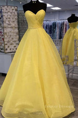 Prom Dresses Emerald Green, Strapless Open Back Sequins Yellow Prom Dress, Shiny Yellow Formal Graduation Evening Dress