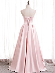 Prom Dresses Corset, Strapless Pink Satin Prom Dresses, Pink Satin Long Formal Evening Dresses