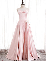 Prom Dress Dresses, Strapless Pink Satin Prom Dresses, Pink Satin Long Formal Evening Dresses