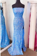 Formal Dress Inspo, Strapless Pink Sequins Prom Dress with Slit,Sparkly White Night Dresses Party Event