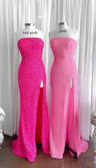 Formal Dress For Graduation, Strapless Pink Sequins Prom Dress with Slit,Sparkly White Night Dresses Party Event