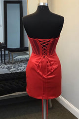 Spring Dress, Strapless Pleated Red Satin Homecoming Dress Bodycon Dresses