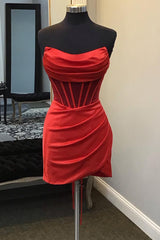 Party Dress Beige, Strapless Pleated Red Satin Homecoming Dress Bodycon Dresses