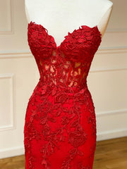 Formal Dress For Teens, Strapless Red Lace Mermaid Long Prom Dresses, Red Mermaid Long Lace Formal Evening Dresses