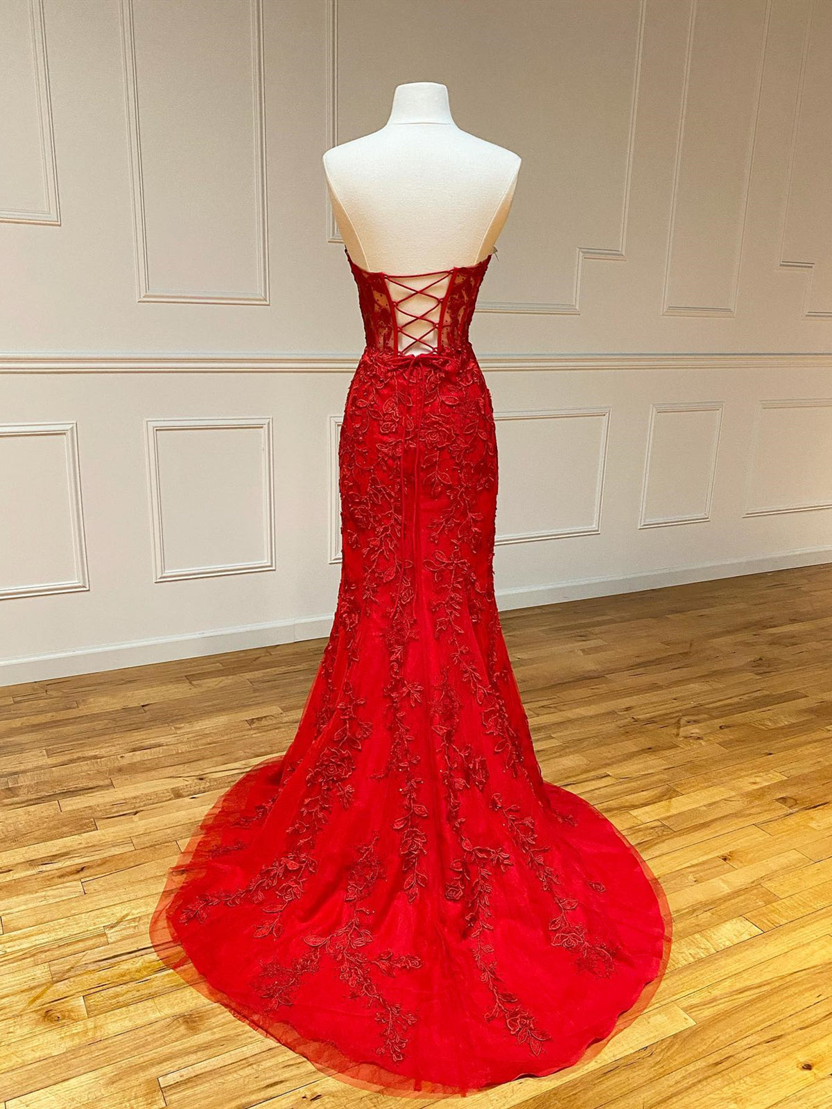 Formal Dress For Graduation, Strapless Red Lace Mermaid Long Prom Dresses, Red Mermaid Long Lace Formal Evening Dresses