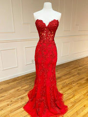 Formal Dress For Teen, Strapless Red Lace Mermaid Long Prom Dresses, Red Mermaid Long Lace Formal Evening Dresses