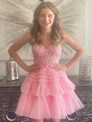 Girlie Dress, Strapless Short Fuchsia Black Pink Lace Prom Dresses, Short Lace Formal Homecoming Dresses