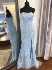 Homecomming Dresses Blue, Strapless Sky Blue Lace Mermaid Long Prom Dresses, Blue Lace Mermaid Formal Graduation Dresses